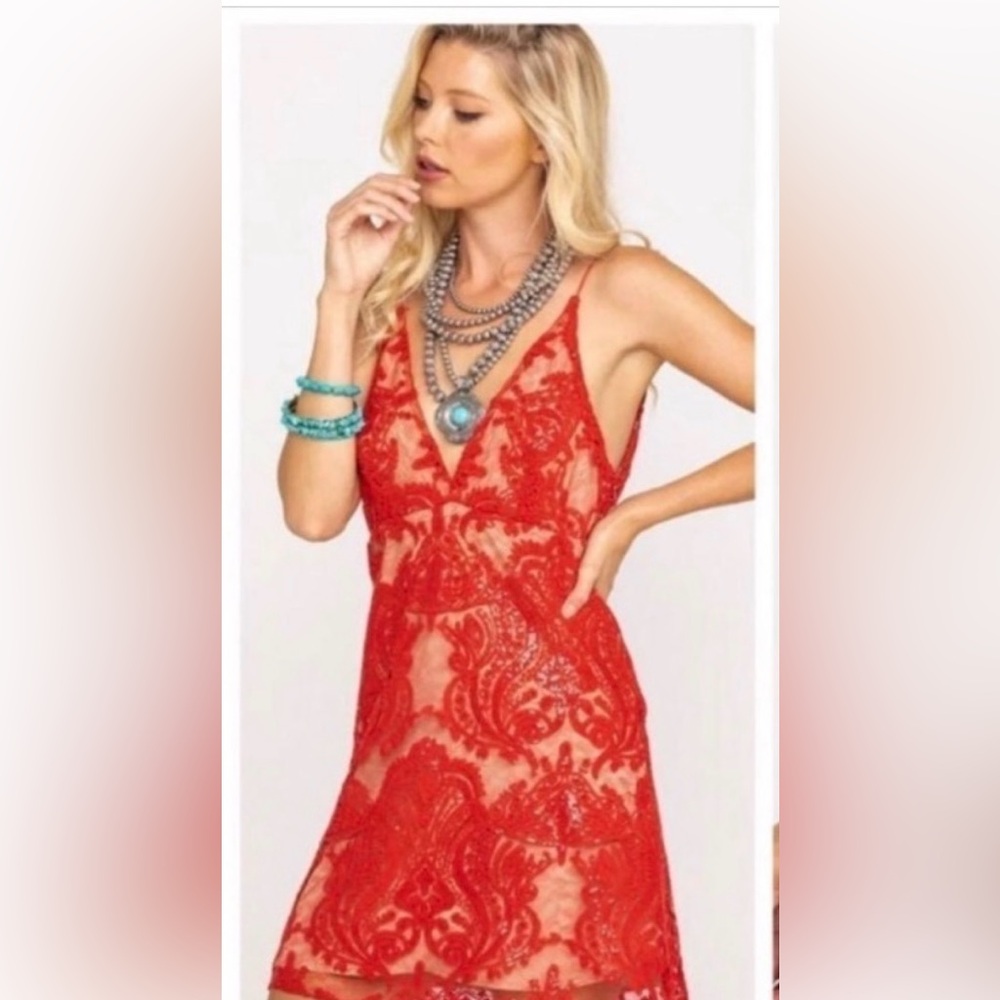 Free People Night Shimmer Red Lace Mini Dress